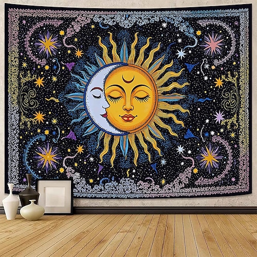 Ästhetischer, mystischer Wandteppich mit Sonne und Mond, psychedelisches Universum, Galaxie, Wanddekoration, Zen-Yoga-Studio, Meditationsraum, Stoffbehang für das Wohnzimmer Image