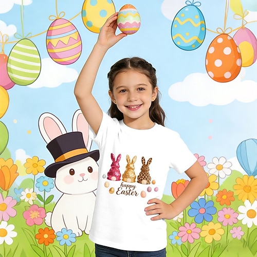 Ostern Mädchen 3D Grafik Kaninchen T-Shirt Kurzarm 3D-Druck Sommer Frühling Sport Mode Streetwear Kinder 4-12 Jahre Rundhalsausschnitt Lässig Täglich Outdoor Normale Passform Image