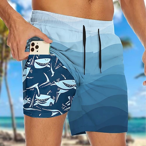 Herren Hai Farbverlauf Meeresbewohner Gefütterte Shorts 2 in 1 Badeshorts Badeshorts Mittlere Taille Hawaiianisch Ferien Seitentaschen Mit Kompressionsfutter Elastischer Kordelzug in der Taille Image
