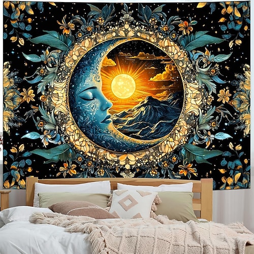 Wandteppich mit Sonnen- und Mondphasen, Pilz- und Kristallmotiven, Cottagecore-Ästhetik, Hexen-Zimmerdeko, Yoga-Meditation, Wohnkunst, Stoffposter Image