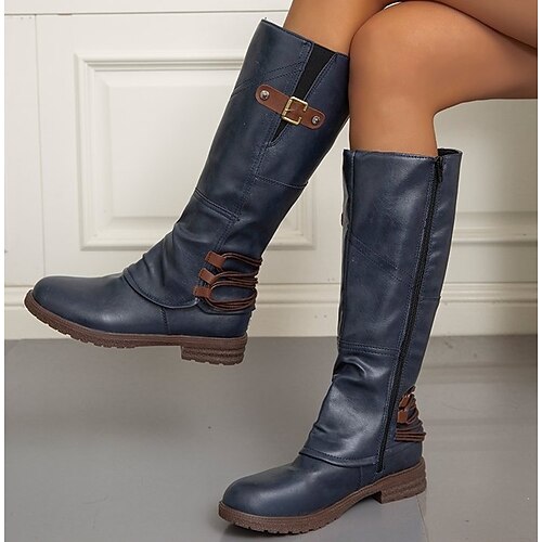 kniehohe Vintage-Stiefel aus Kunstleder in Rot für Damen mit Schnallenverzierungen – perfekt für Outdoor-Abenteuer, Freizeitausflüge und Herbstmode Image