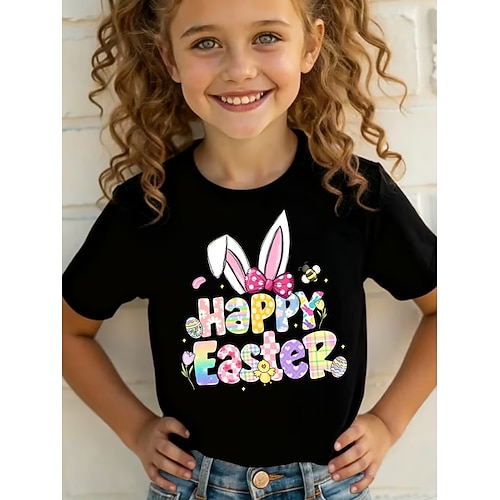 Ostern Mädchen 3D Grafik Kaninchen T-Shirt Kurzarm 3D-Druck Sommer Frühling Sport Mode Streetwear Kinder 4-12 Jahre Rundhalsausschnitt Lässig Täglich Outdoor Normale Passform Image