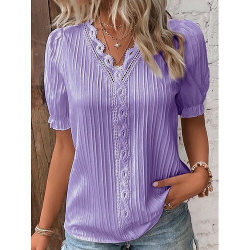 Damen T Shirt T-Shirt Spitze Patchwork Einfach Mode Stilvoll Klassisch Kurzarm V Ausschnitt Normale Oberteile Täglich Ausgehen Wochenende Schwarz Weiß Gelb Himmelblau Purpur Sommer Frühling Image