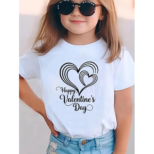 Valentinstag Mädchen 3D Herz Grafik T-Shirt Kurzarm 3D-Druck Sommer Frühling Sport Mode Streetwear Kinder 4-12 Jahre Rundhalsausschnitt Lässig Täglich Outdoor Normale Passform Image