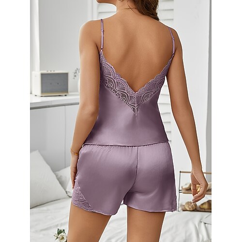 Damen Schlafanzug Set Lässig Komfort Einfarbig Spitze Elastischer Bund Shorts Täglich Heim Ärmellos V Ausschnitt Champagner Rosa Rote Purpur Sommer Frühling Normale Passform Image
