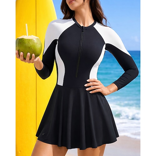 Damen Anti UV Shirt Badeanzug Einteilige Patchwork Reißverschluss UV Schutz Elastisch Langarm Bademode Badeanzug Surfen Tauchgerät Schwimmen Sommer Image