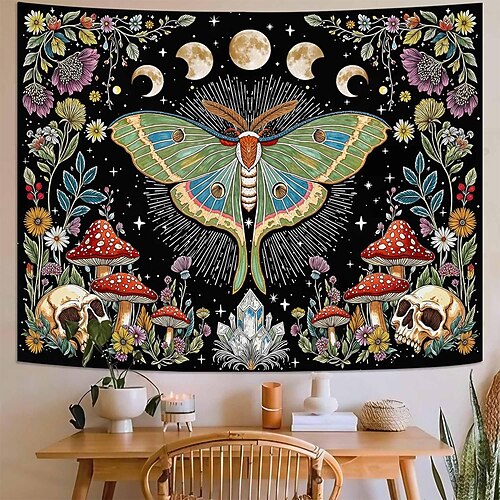 Schmetterlings-Wandteppich mit himmlischen Motiven wie Sonne, Mond, Sternen und Mondphasen, floralem Boho- und Hippie-Stil, Wanddekoration für Schlafzimmer und Wohnzimmer Image