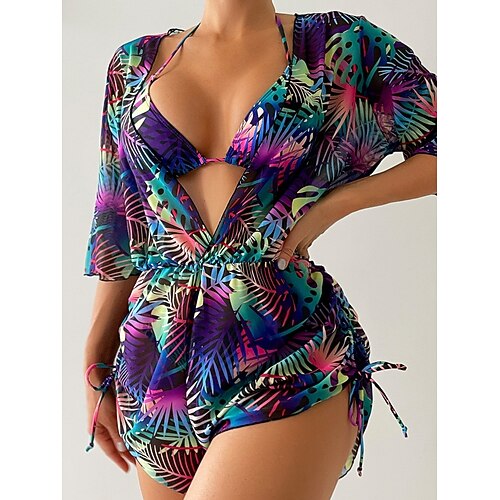 Damen Badeanzug Bikini Dreiteilig Freche Unterhose Bademode Schlank Rückenfrei Urlaub Strandbekleidung Blumen Grafik Stürzen Ärmellos Badeanzüge Image