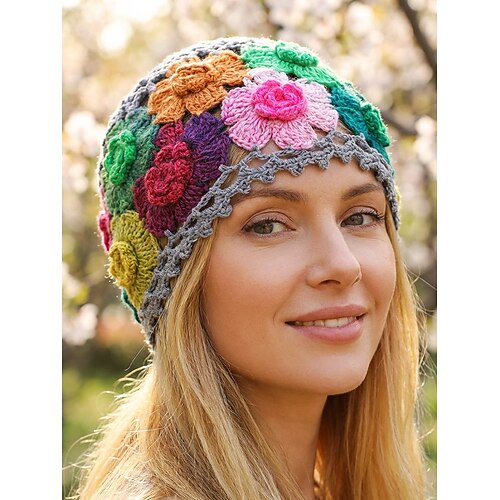 Gehäkelter Damen-Blumenhut, in verschiedenen Farben erhältlich, aus Strickmaterial, perfekt für die Freizeit im Frühling und Sommer. Image