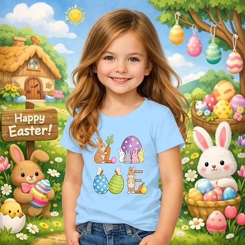 Ostern Mädchen 3D Grafik Kaninchen T-Shirt Kurzarm 3D-Druck Sommer Frühling Sport Mode Streetwear Kinder 4-12 Jahre Rundhalsausschnitt Lässig Täglich Outdoor Normale Passform Image