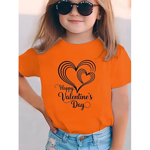 Valentinstag Mädchen 3D Herz Grafik T-Shirt Kurzarm 3D-Druck Sommer Frühling Sport Mode Streetwear Kinder 4-12 Jahre Rundhalsausschnitt Lässig Täglich Outdoor Normale Passform Image