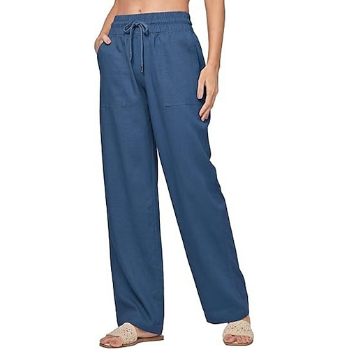 Damen Leinenähnliches Faux Baumwoll Leinen Hosen Chinos Gerade Urlaub Basic Lässig Voll-Länge Hohe Taille Unifarben Tasche Elastischer Bund Bequem Weich Komfortabel Elastisch Outdoor Street Image
