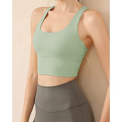 Damen Einfarbig Sport Top Sport-BH Ärmellos Racerback Stoßdämpfung Atmungsaktiv Laufen Fitness Yoga Rundausschnitt Tank-Rückseite Oberteil Schwarz Gelb Rosa Tennisbekleidung Image