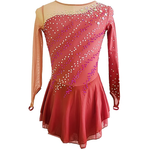 Eiskunstlaufkleid Damen Eislaufen Kleid Violett Gelb Rot Patchwork Daumenloch Hohe Elastizität Training Wettbewerb Eiskunstlaufkleidung Klassisch Kristall / Strass Langarm Eislaufen Eiskundstlauf Image
