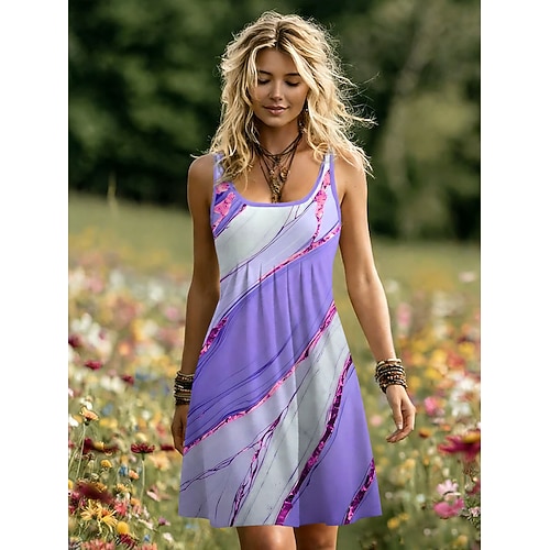 Damen Minikleid A Linie Kleid Trägerloses Kleid Urlaub Lässig Strand Ausgehen Normale Passform Ombre Grafik Ärmellos U-Ausschnitt Blau Rosa Purpur Grün Sommer Frühling Image