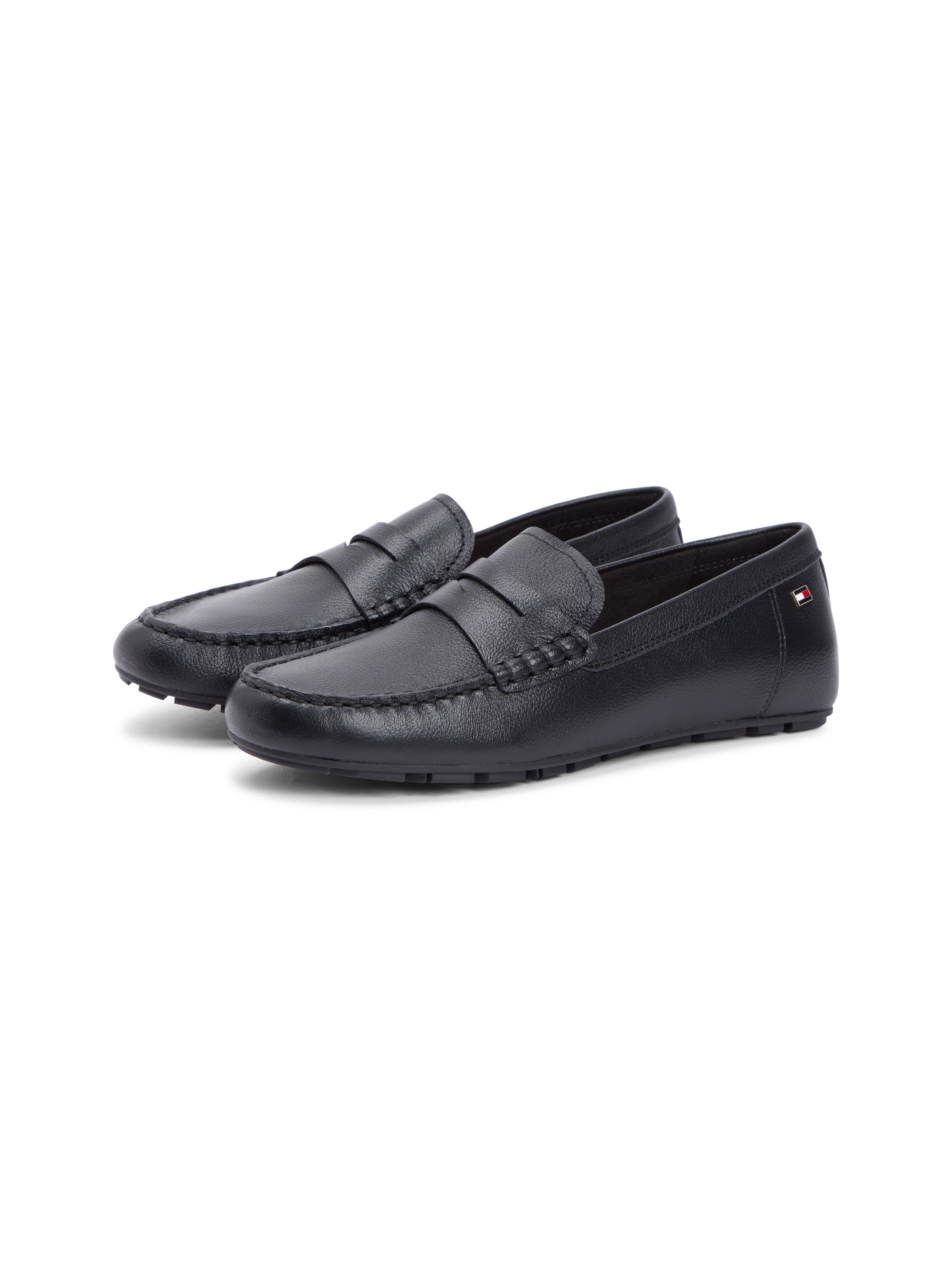 Slipper TOMMY HILFIGER "FLAG LEATHER DRIVER LOAFER", Damen, Gr. 37, schwarz, Leder, unifarben, Schuhe Slipper, Halbschuh, Schlupfschuh mit modischer Ziersteppung