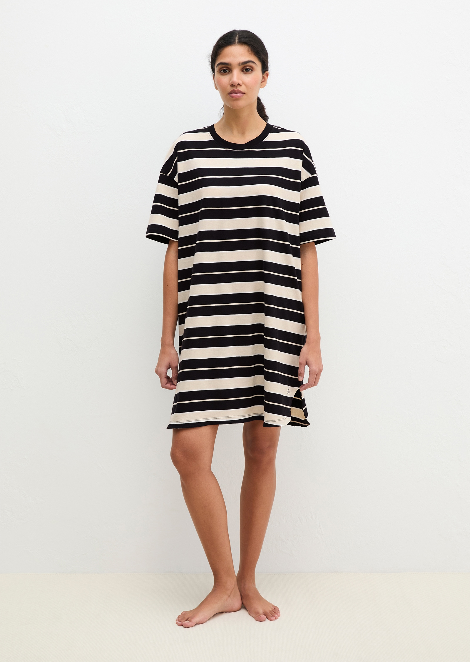 Nachthemd MARC O'POLO "Mix N Match Cotton", Damen, Gr. L, N-Gr, french oak stripe, Single Jersey, Obermaterial: 100% Baumwolle, bequem kniefrei, Rundhals, Kleider Nachthemd, mit kurzen Ärmeln und Rundhalsausschnitt, seitliche Schlitze