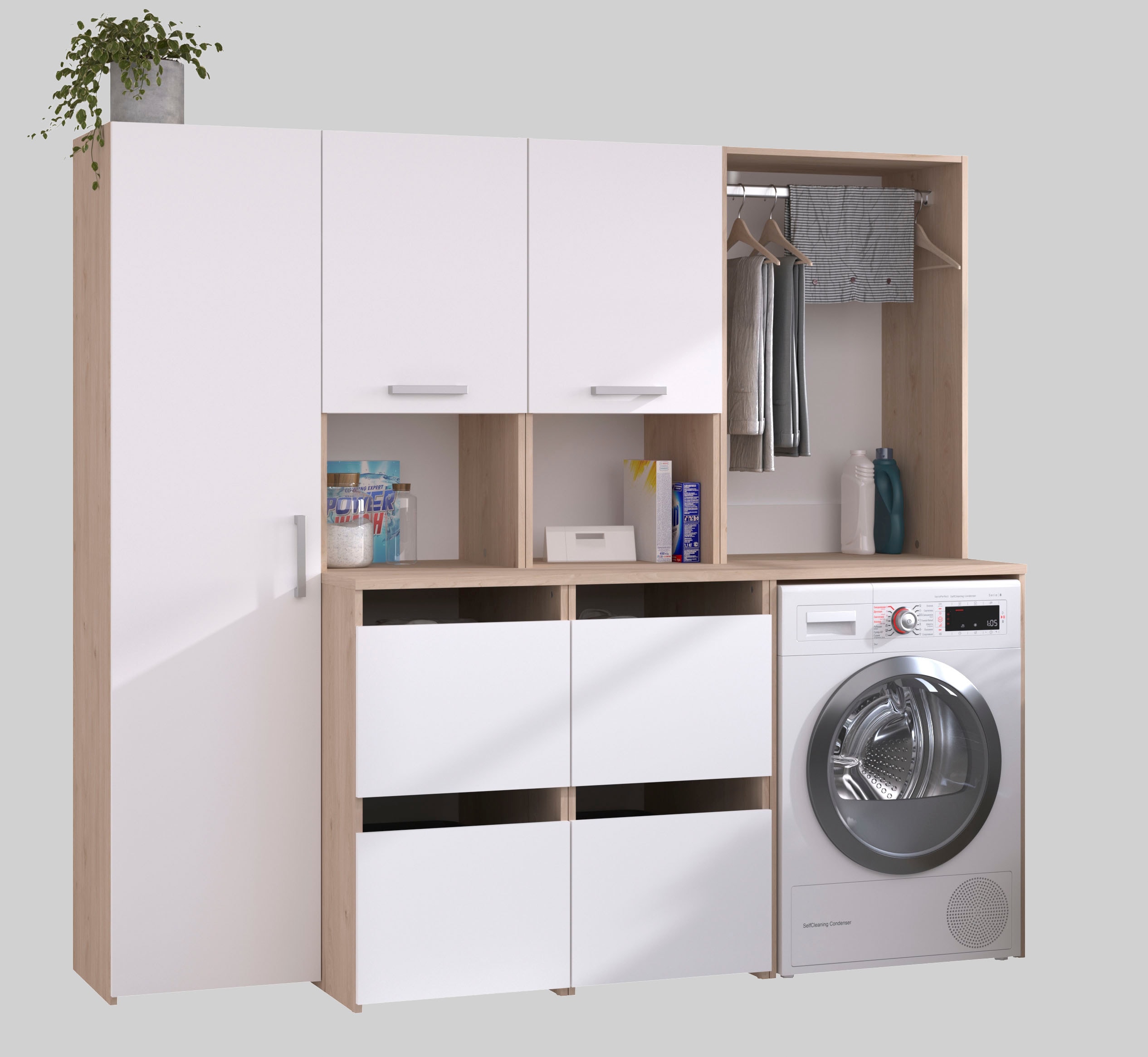 Mehrzweckschrank-Set PARISOT "Laundry 2", jackson eiche nachbildung, Spanplatte foliert, Fronten weiß, Korpus Jackson Eiche Nachbildung, Kastenmöbel-Sets Image