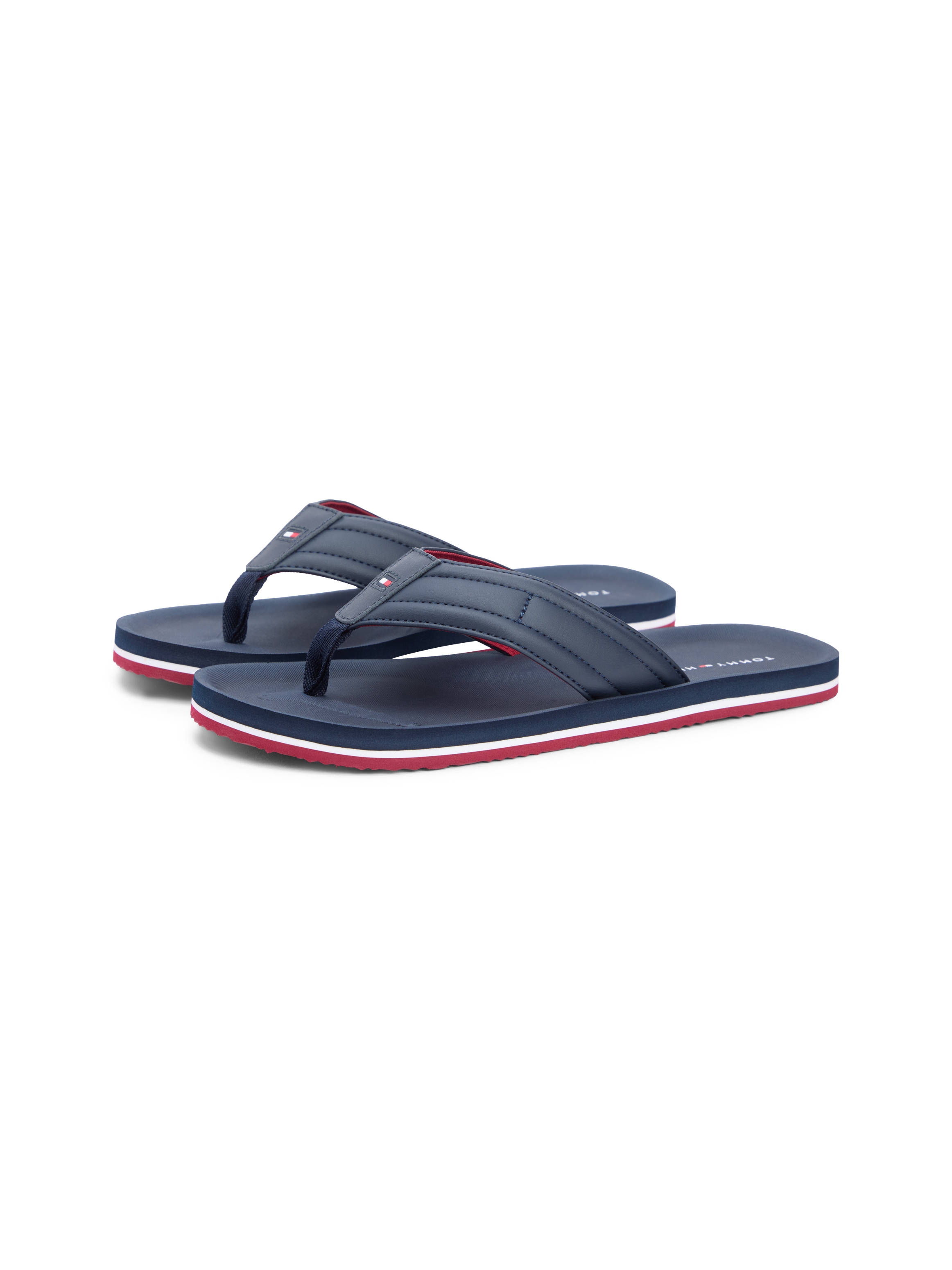 Zehentrenner TOMMY HILFIGER "HILFIGER PADDED BEACH SANDAL", Herren, Gr. 43, dunkelblau, Lederimitat, unifarben, Schuhe Zehentrenner, Sommerschuh, Flats, Strandschuh mit Ziersteppung