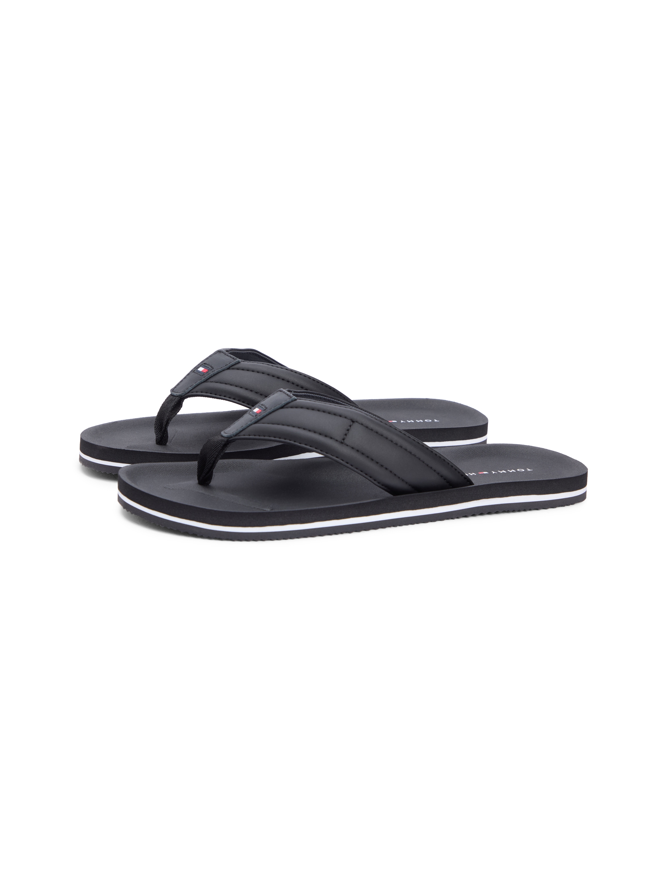 Zehentrenner TOMMY HILFIGER "HILFIGER PADDED BEACH SANDAL", Herren, Gr. 43, schwarz, Lederimitat, unifarben, Schuhe Zehentrenner, Sommerschuh, Flats, Strandschuh mit Ziersteppung