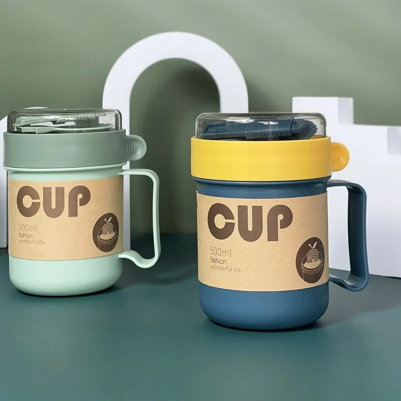 500 ml tragbare Frühstückstassen Haferflocken Müsli Nuss Joghurt Salat Tasse mit Deckel Löffel Schule Lunchbox Mikrowelle für Küchenwerkzeuge Image