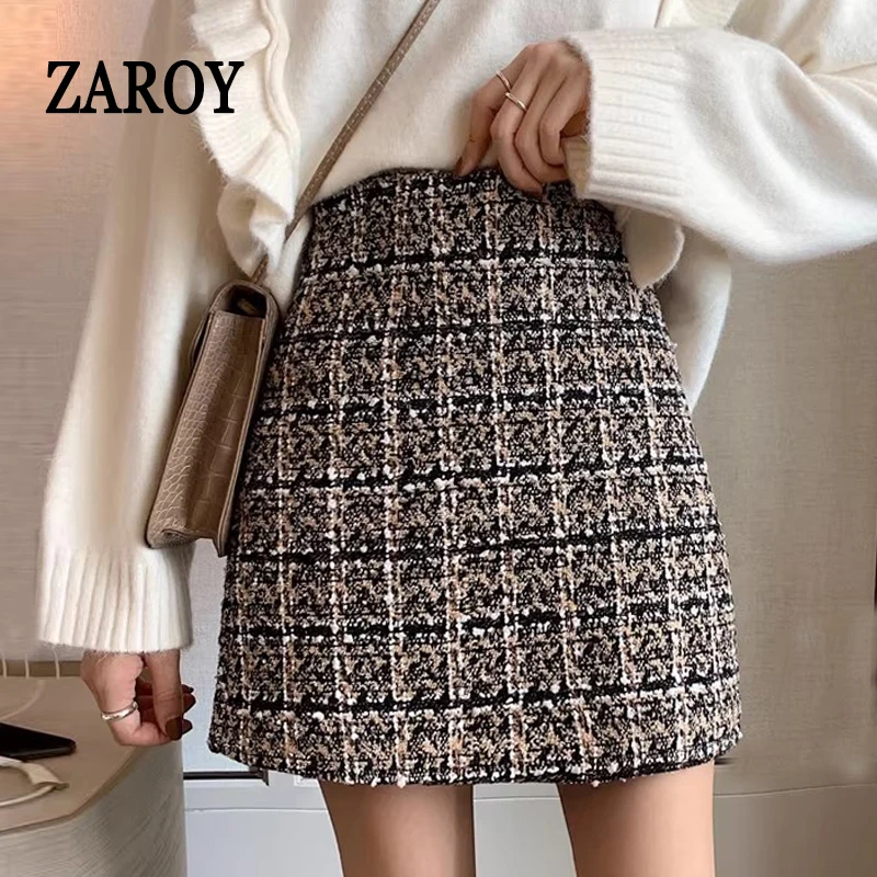 ZAROY Francisco Ucavo 2025, Herbst-Winter-Tweed-Bleistift-Minirock für Damen, Vintage-Stil, kariert, elegant, hohe Taille, schlanke kurze Röcke, Büro-Damen Image