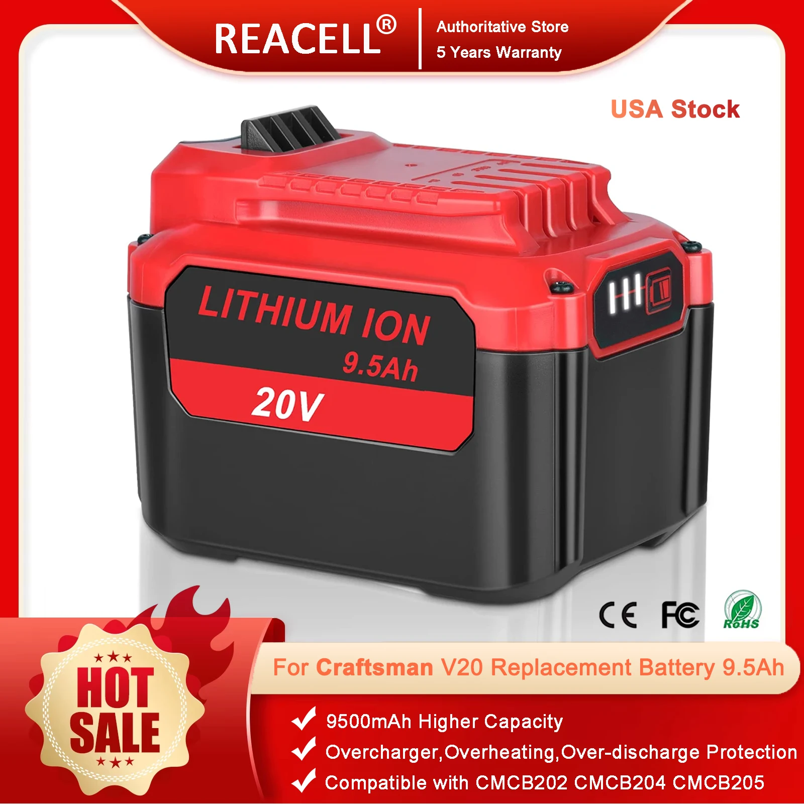 REACELL 9,5 Ah/6,5 Ah 20 V Akku für Craftsman V20 Akku Lithium-Ionen kompatibel für Craftsman 20 V MAX CMCB202 CMCB204 CMCB205 Image