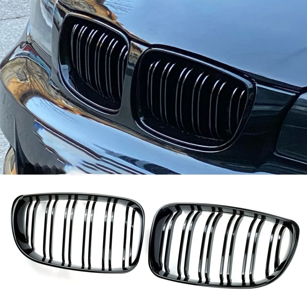 1Pair Auto Paraurti Anteriore Rene Grille Per BMW E81 E87 E82 E88 128i 130i 135i 2008-2013 Nero Lucido Doppia Linea Racing Grill