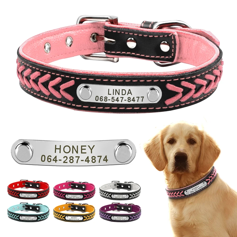 Collare per cani in pelle personalizzato Collari per cani placcati con nome intrecciato per cani di taglia piccola, media e grande con incisione personalizzata sul collare Etichette identificative per