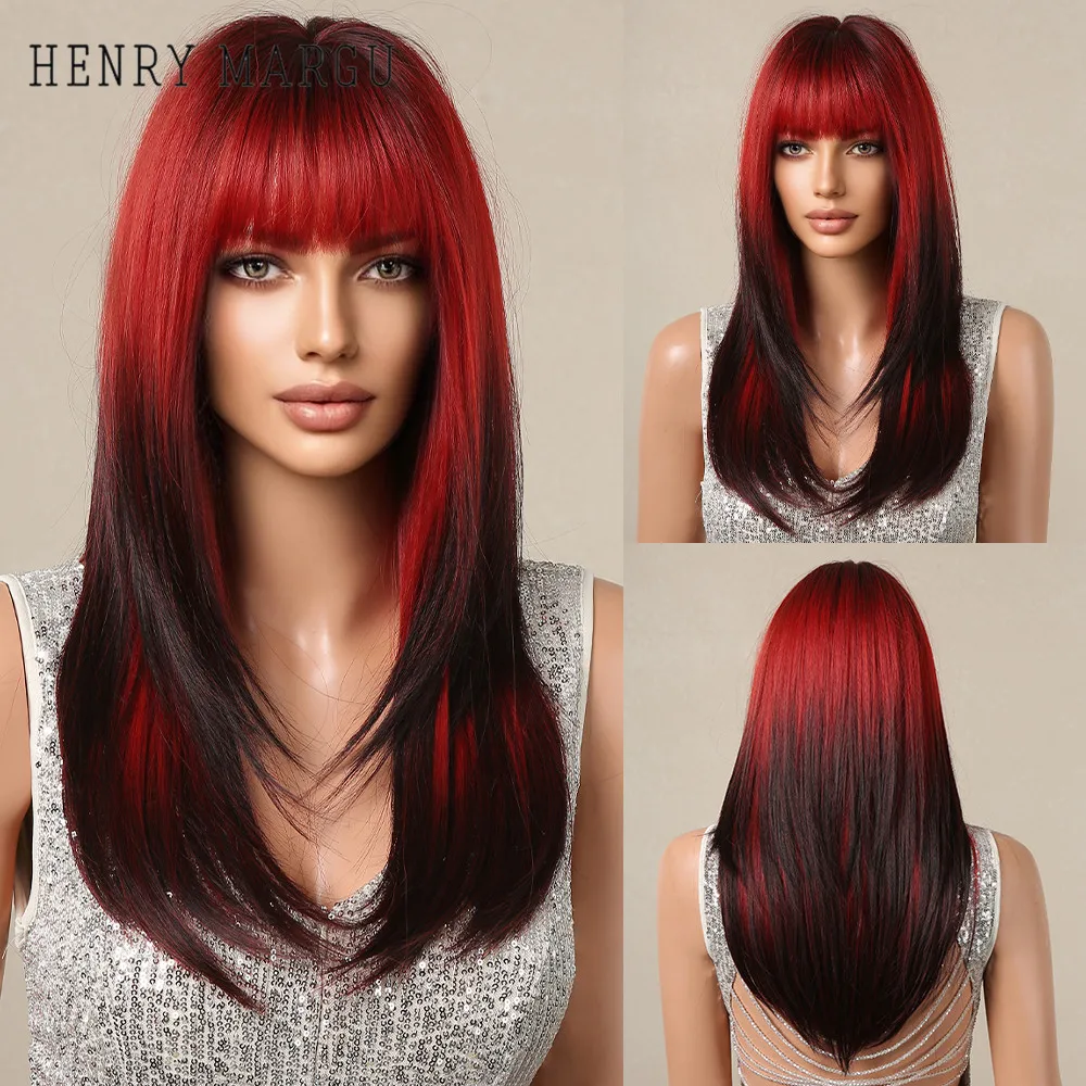 HENRY MARGU Lange gerade geschichtete Perücken mit Pony, Ombre-Rot bis Schwarz, hitzebeständige Faser, natürliche synthetische Perücke für Frauen Image