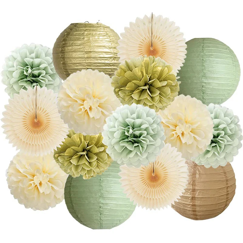 13/15 stücke Salbei Grün Papier Laterne Pom Poms Blume Kugeln Set Baby Dusche Kinder Geburtstag Dekorationen Hochzeit Party Decor liefert Image