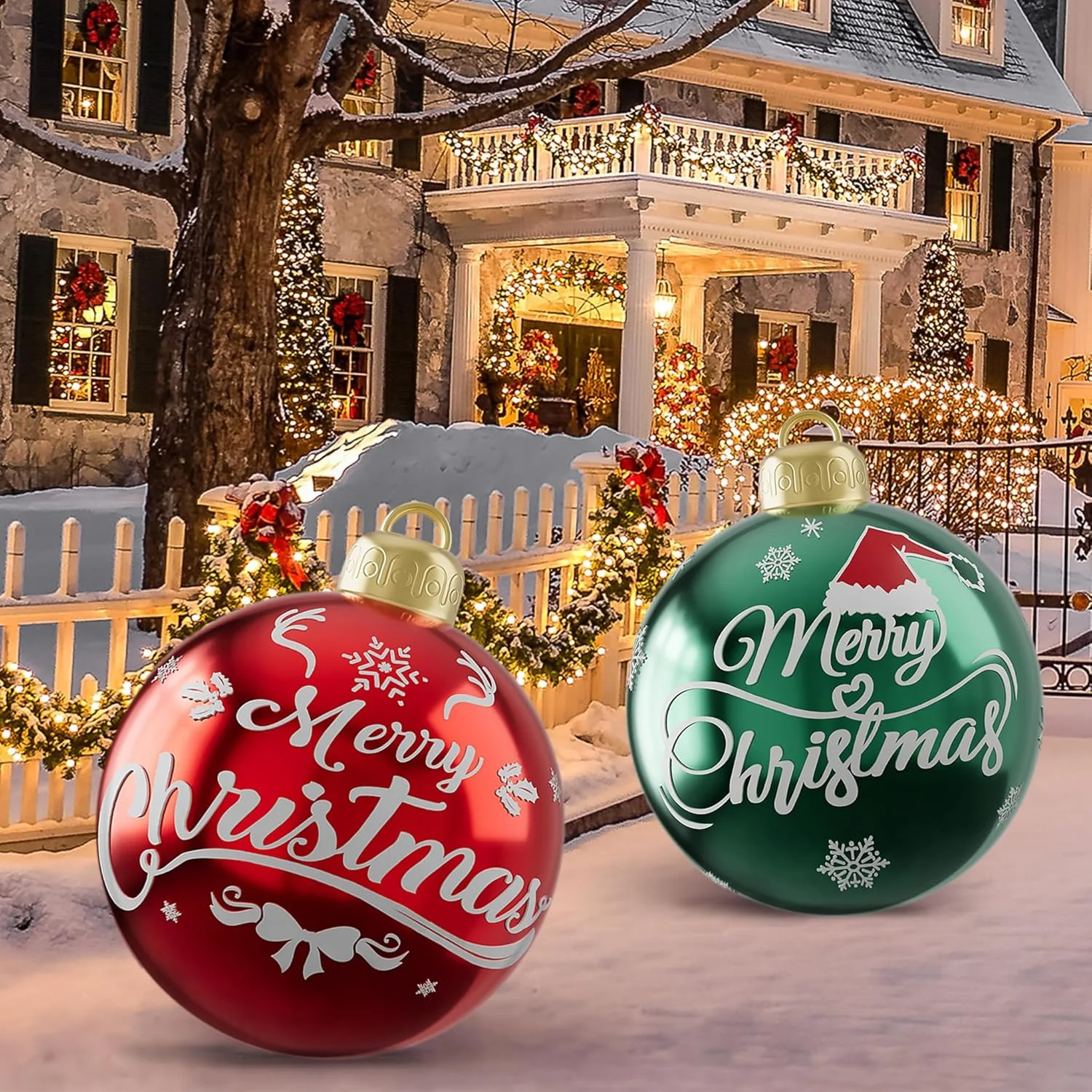 2 riesige aufblasbare Weihnachtsbälle, 23,6 Zoll große Party-Dekorationsbälle zum Aufhängen im Garten, verdickte Outdoor-Hängebälle für den Garten, Vintage-elegantes Feiertagsatmosphären-Set