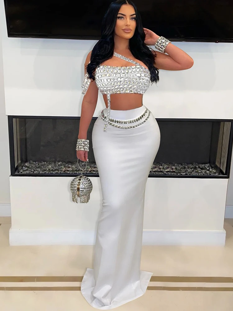 Sommer-Set für Damen, 2-teilig, passende Outfits, Party, Clubwear, sexy trägerlose Crop-Tops mit Diamanten, Abend-Set mit langem Rock Image