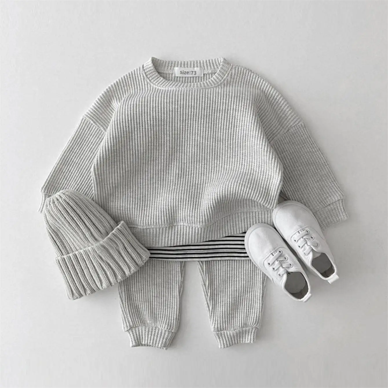Koreanische Baby Kleidung Sets Waffel Baumwolle Kinder Jungen Mädchen Kleidung Frühling Herbst Lose Trainingsanzug Pullover Tops + Hosen 2PCS Sets Image