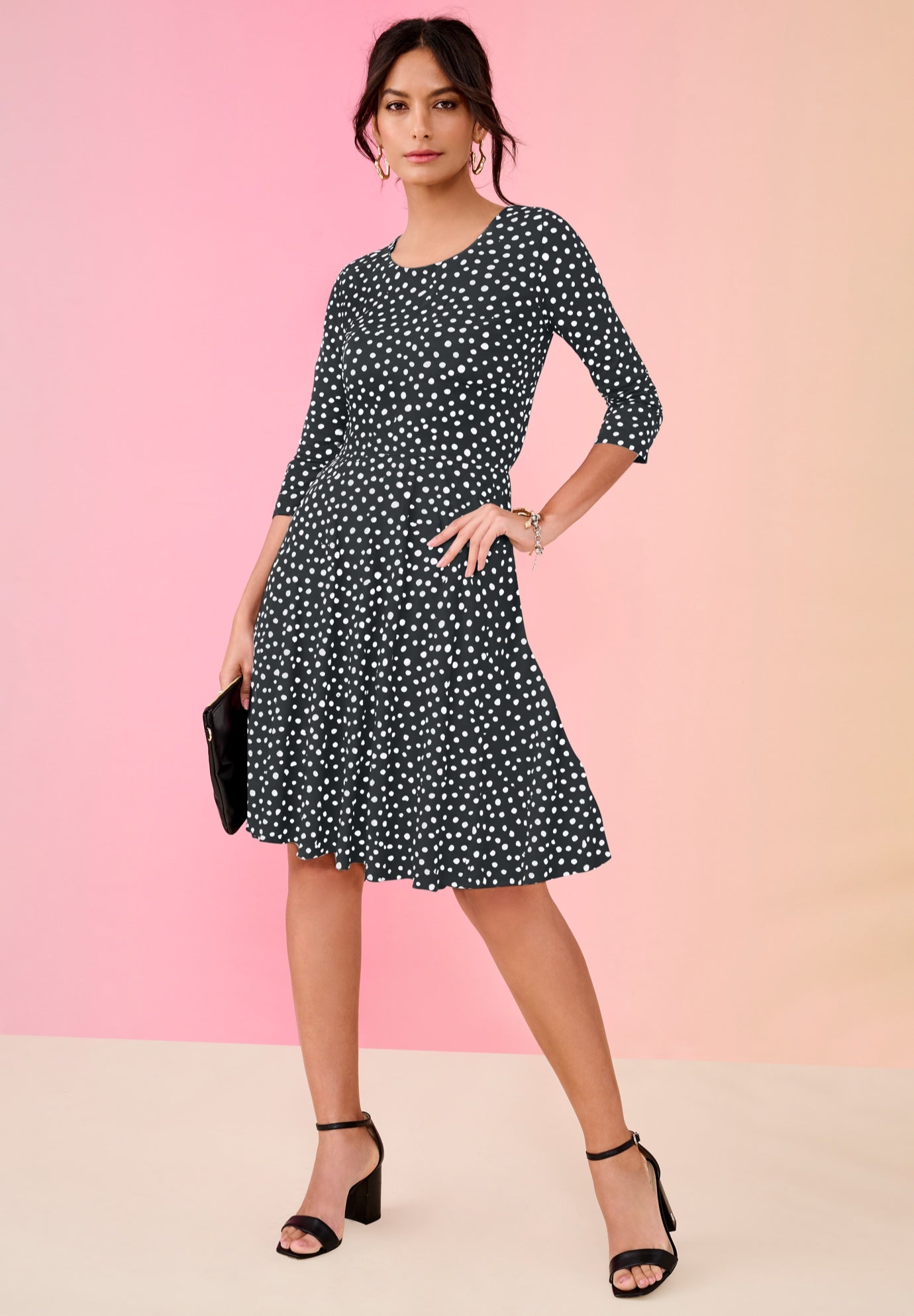 Plus Size Women's Ultrasmooth® Fabric Fit-And-Flare Dress by Roaman's in Black White Dots (Size 30 W)
