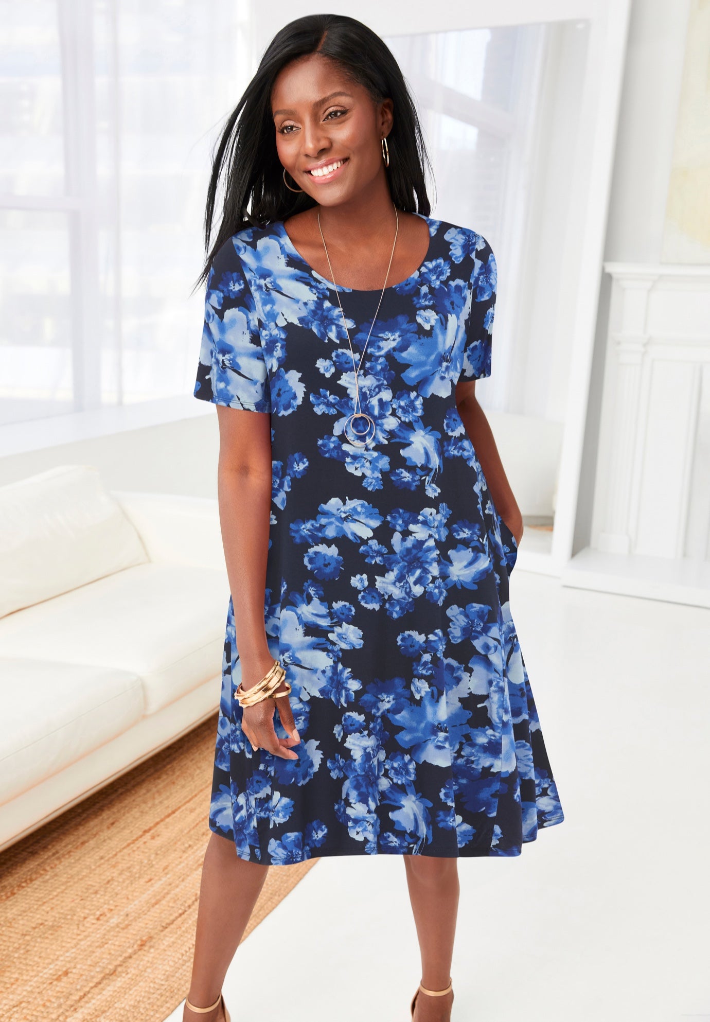 Plus Size Women's Stretch Knit A-Line Dress by Jessica London in Blue Floral Print (Size 14/16)