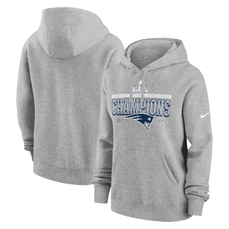 Nike Damen-Fleece-Hoodie in Heather Gray, New England Patriots 2025 AFC Champions Locker Room Trophy Collection Club. Image