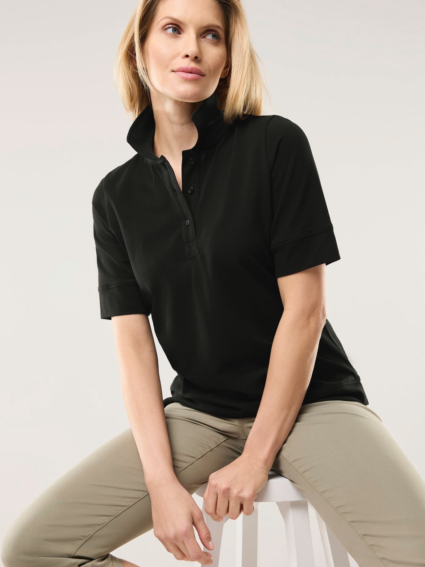 Walbusch Damen Pimacotton Basic Polo-Hemd Halbarm Schwarz