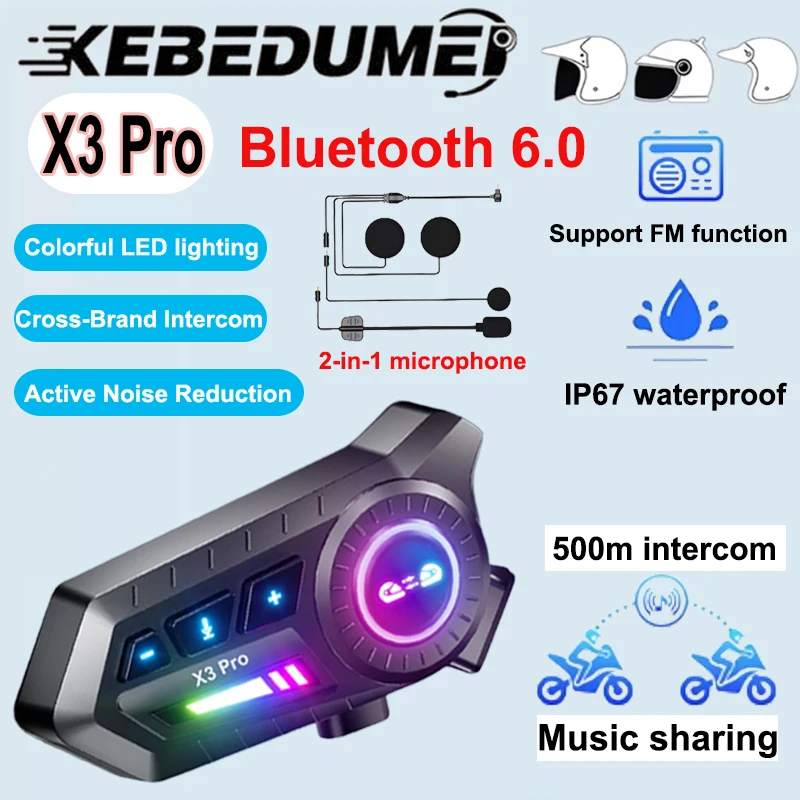 Kebidumei Bluetooth6.0 Motorradhelm-Gegensprechanlage-Headset, kabelloses Freisprechanruf-Telefon-Kit mit Unterstützung für die Musikfreigabe, FM