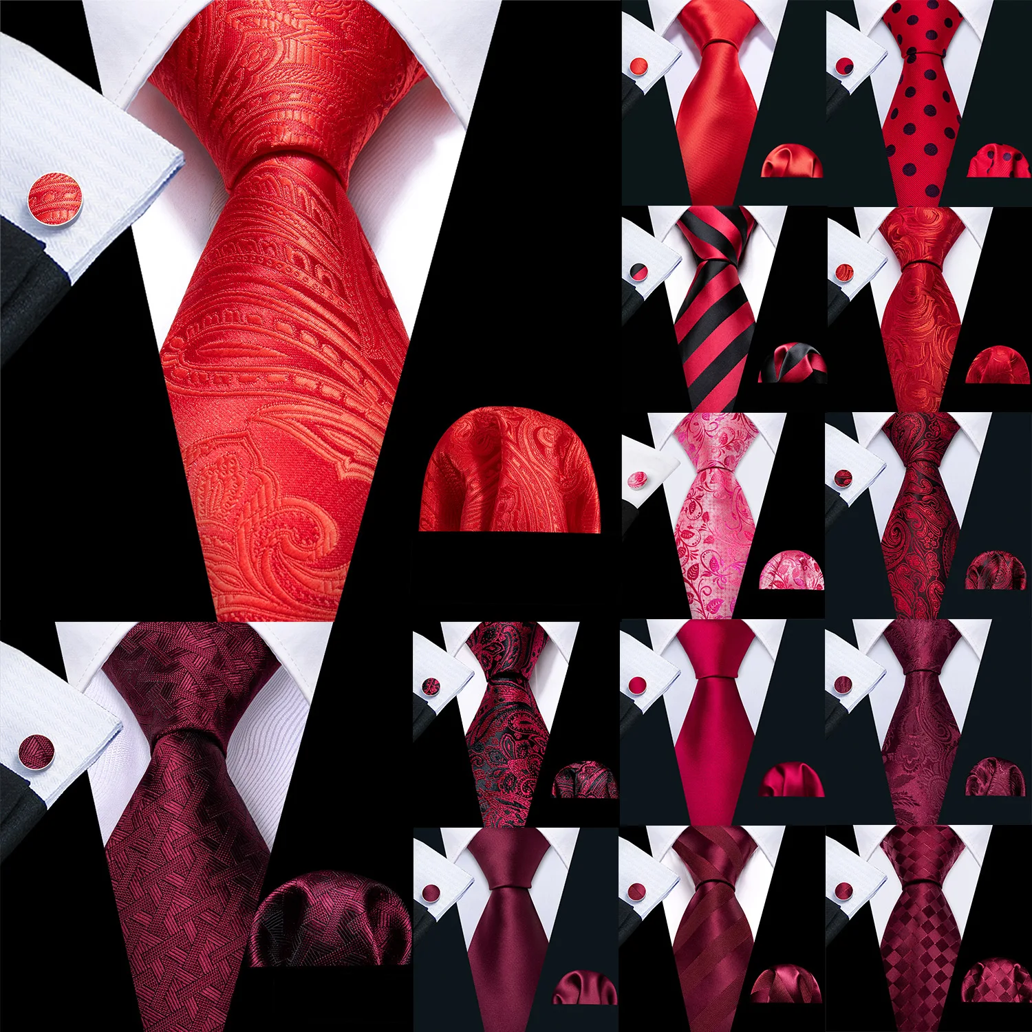 Barry.Wang Rot Kastanienbraun Burgund Rose Herren Krawatte Einstecktuch Manschettenknöpfe Set Jacquard Krawatte für Männer Hochzeit Business Party Image