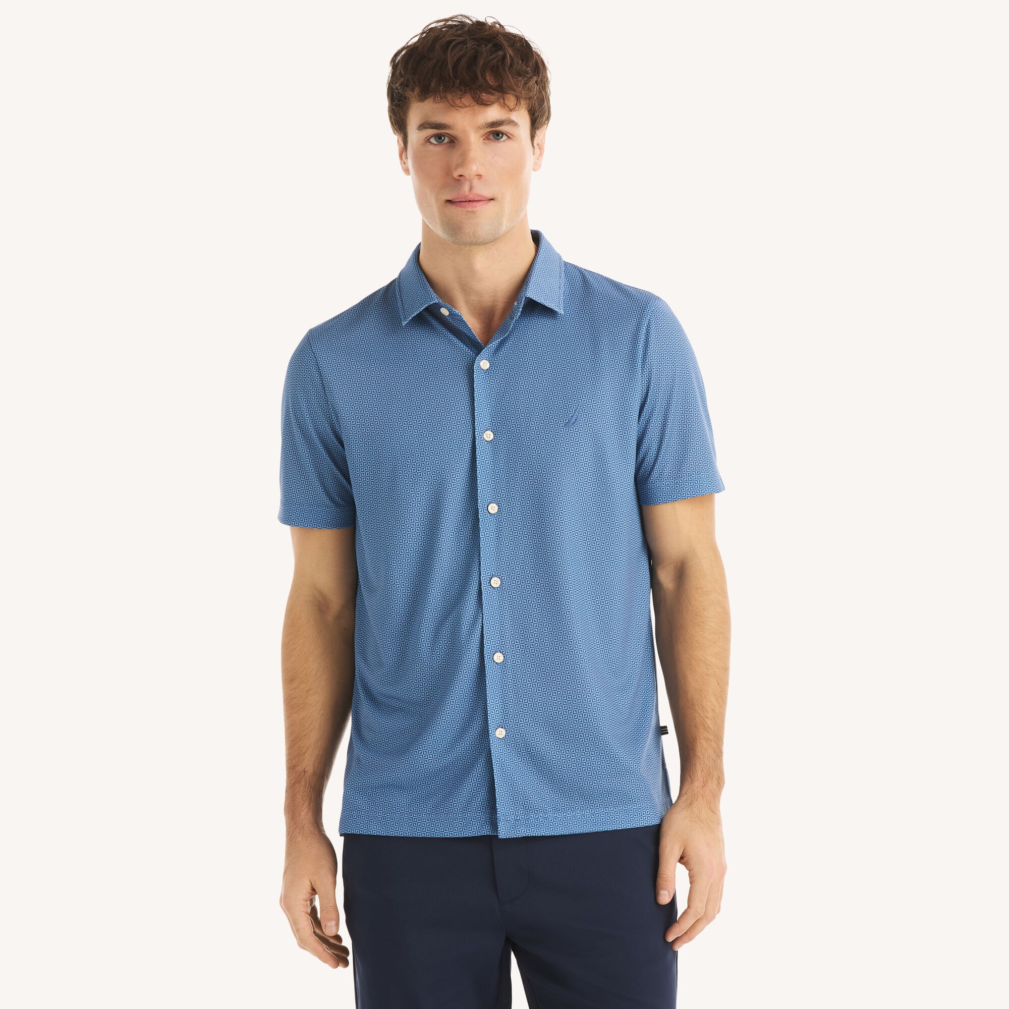 Nautica Men's Printed Button-Front Performance Polo 441 (Nite Sea Heather), M