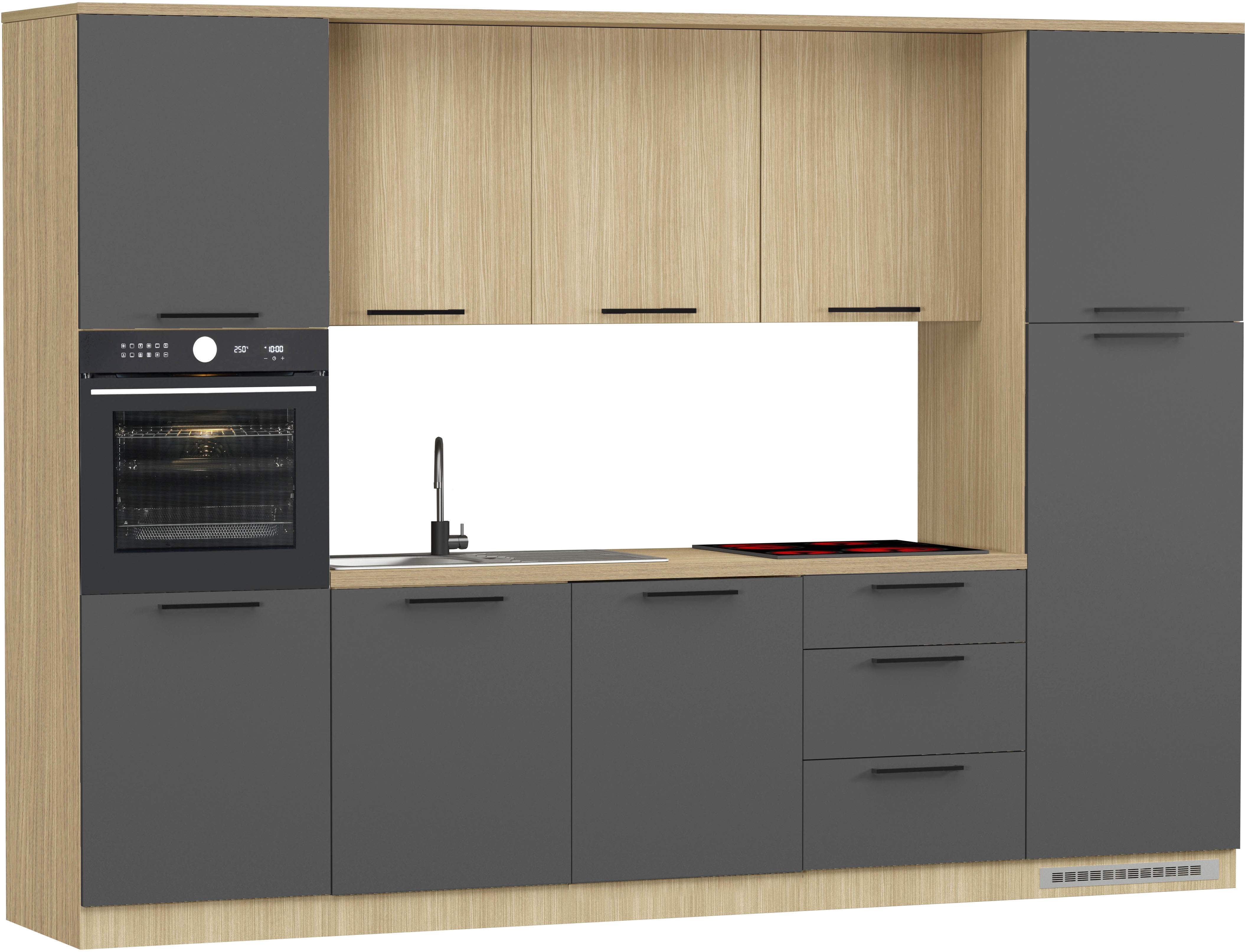 Küchenzeile KOCHSTATION "KS-Luna, Einbauküche, Zeilenküche, Küchenblock", küche: grau, front: anthrazit, eiche chopinfarben, korpus: eiche chopinfarben, arbeitsplatte: eiche chopinfarben, B:300cm H:214,5cm T:60cm, Komplettküchen-Sets, Küchenzeile,...