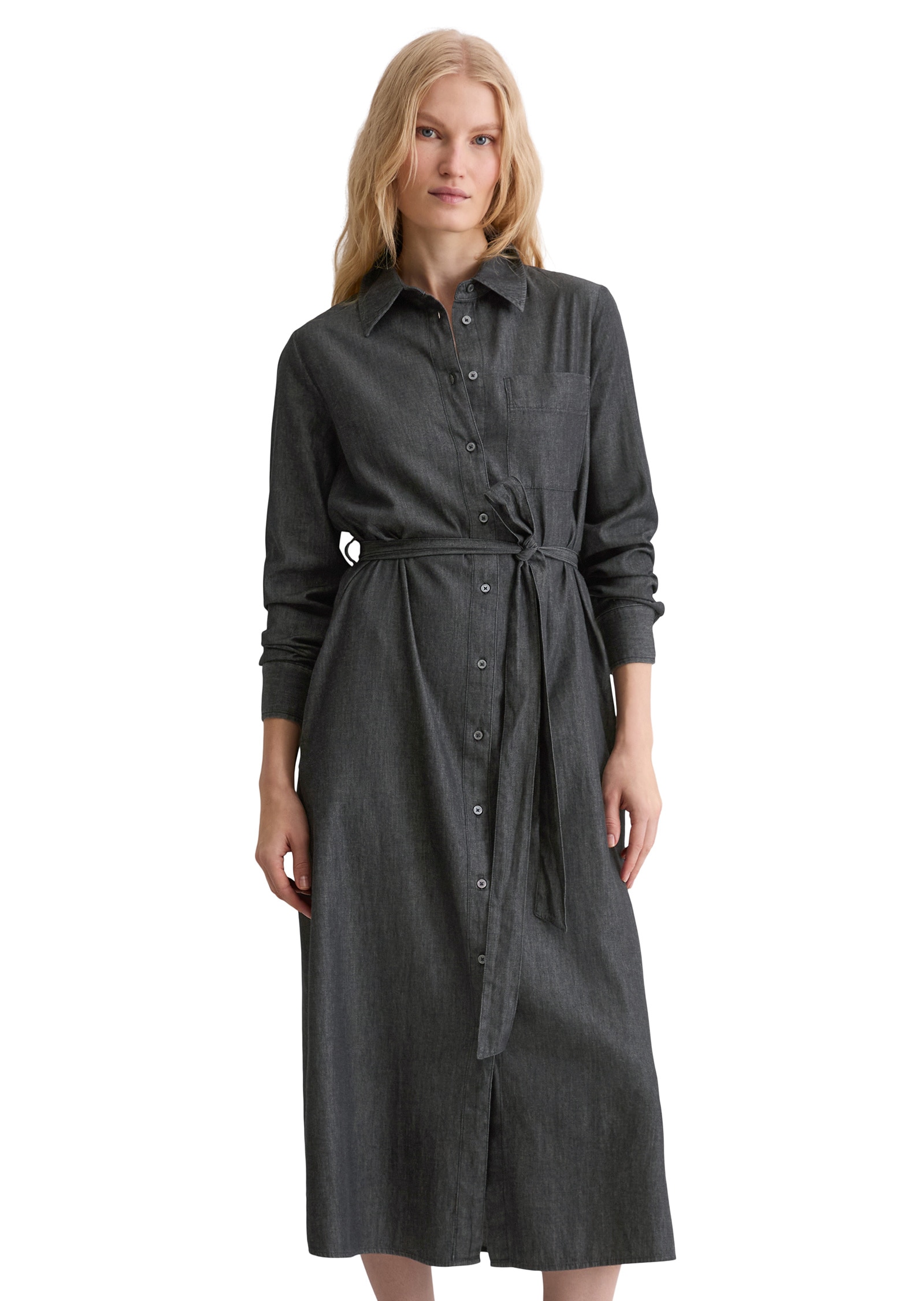 Hemdblusenkleid MARC O'POLO "aus Baumwoll-Chambray", Damen, Gr. 40, Normalgrößen, dunkelblau, Obermaterial: 100% Baumwolle, unifarben, weit wadenlang, Doppelmanschette, Kleider