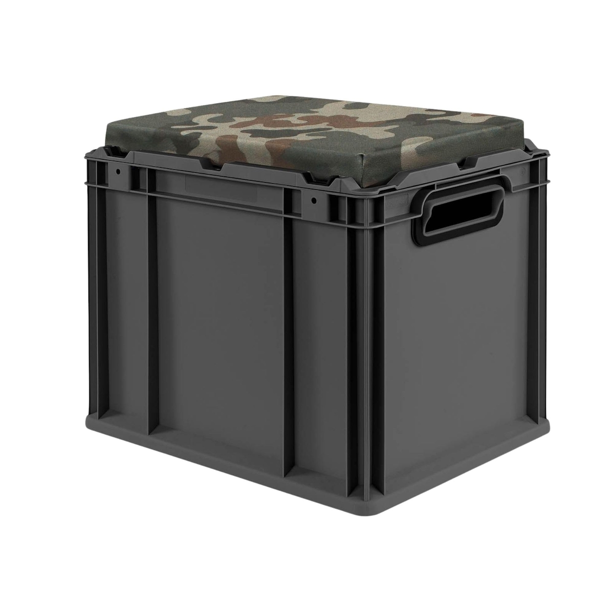 PROREGAL Eurobox NextGen Seat Box Camouflage, HxBxT 36,5x30x40cm, 30 Liter, Griffe offen, Schwarz, Eurobehälter, Sitzbox, Transportbox Image