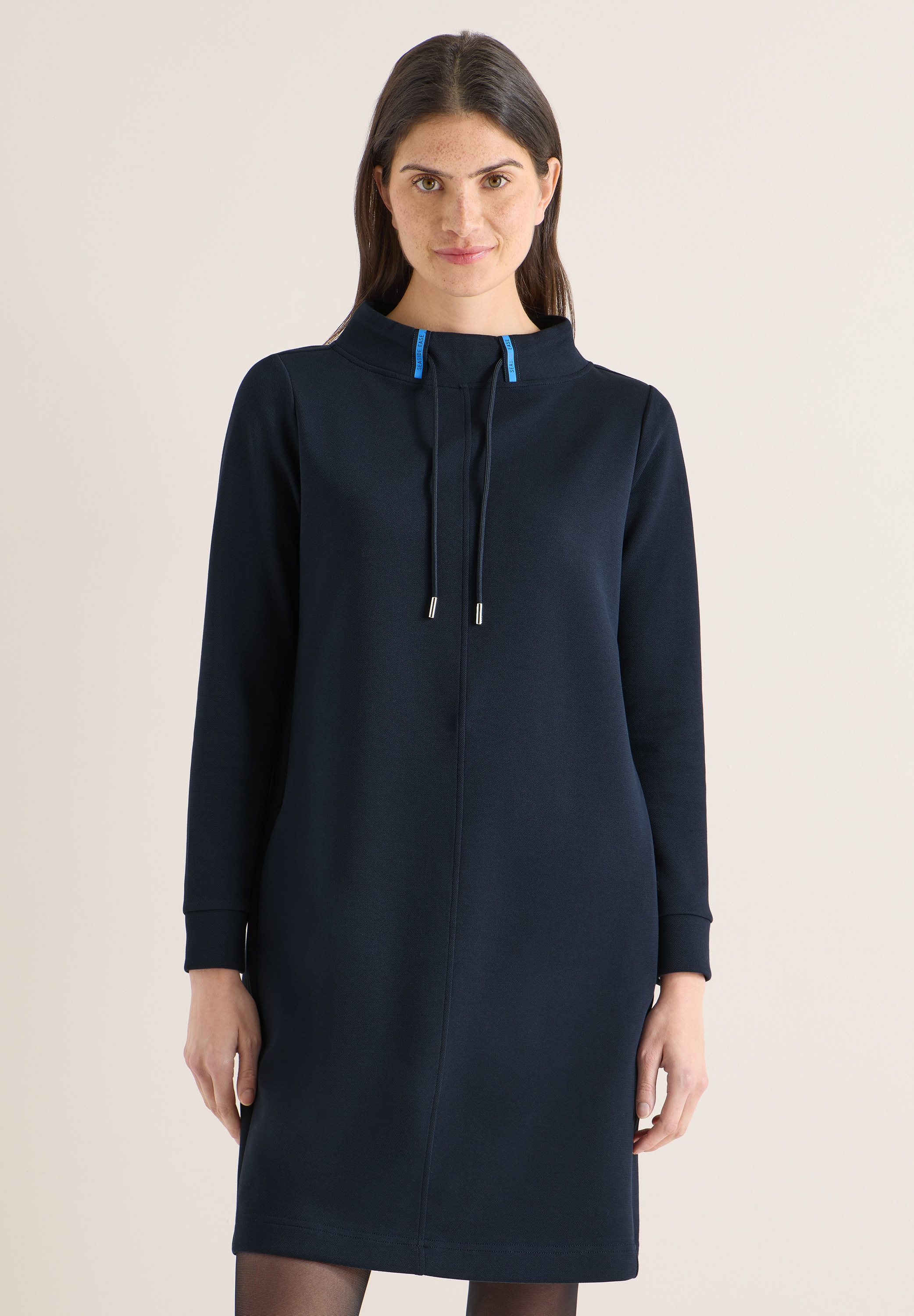 Midikleid CECIL, Damen, Gr. XXL (46), US-Größen, universal blau, Stoff, 53% Polyester, 40% Baumwolle, 7% Elasthan, unifarben, normal kniefrei, hoch geschlossener Ausschnitt, Bündchen, Kleider Midikleid, mit Stehkragen