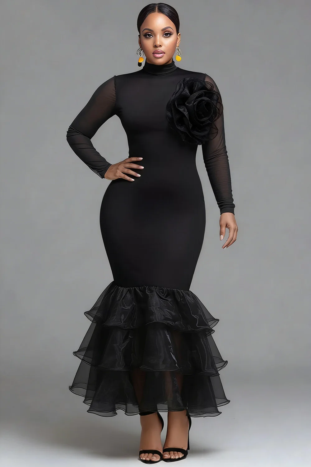 Plus Size Formal Black Mock Neck Long Sleeve Bodycon Elegant 3D Knitted Maxi Dresses
