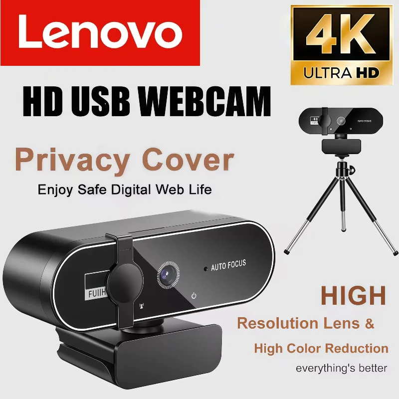 Lenovo 4K HD Mini Webcam avec Microphone 2K Full HD Webcam Autofocus USB Web Cam pour mise au point automatique PC ordinateur portable caméra vidéo prise de vue
