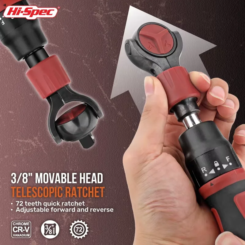 Clé à cliquet de 3/8 pouce en acier, clé à douille 72T, clé à tête flexible, clé à dégagement rapide, clé à commutateurs réversibles, outil à main