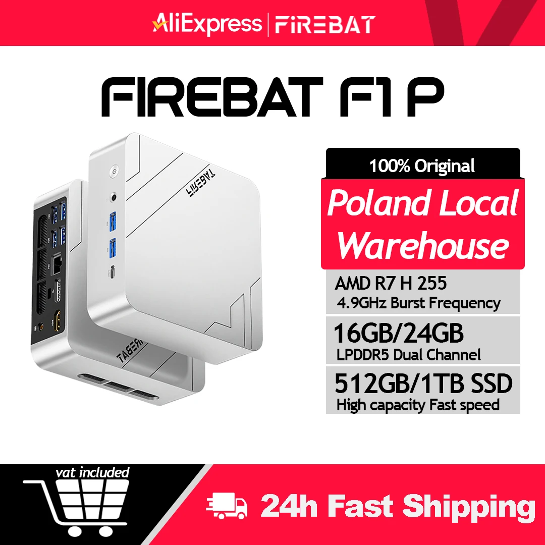 Firebat Mini PC F1 P AMD Ryzen 7 H 255 DDR5 16GB 24G 512GB 1TB SSD Windows 11 Pro Gaming Desktop Mini Computer Wi-Fi 6 USB4.0