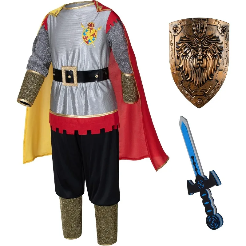 Mittelalterliches römisches Ritter-Cosplay-Kostüm für Kinder, Renaissance-Kleidungsanzug mit Schild und Schaumstoffschwert für Karneval, Party, Schulbühne Image